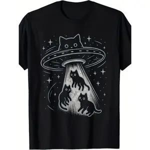 Womens Cotton Short Sleeve Graphic Tee Black Cute Cat Alien UFO Space Shirt Funny Cosmic Aesthetic Top For Summer Vacation Streetwear Festival Outfit