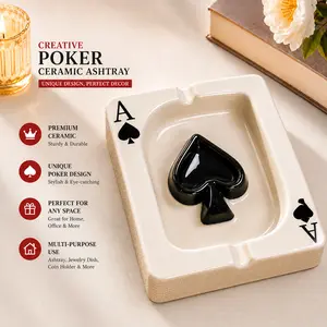 Creative Poker Ceramic Cigarette Ashtray Tabletop Portable Modern Ashtrays Cigar Ashtray for Outdoor Indoor Desktop Smoking AshTray for Home office Fashion Decoration Handmade Gift for Men Women-Black#SummerVibes