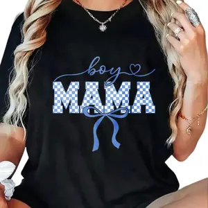 Unisex Soft Cotton Short-Sleeve Round Neck Top, Fashion Checkered Print Retro Planet Tee, 2026 Mother's Day Apparel for Boy Mamas (Pair with Matching Bottoms)
