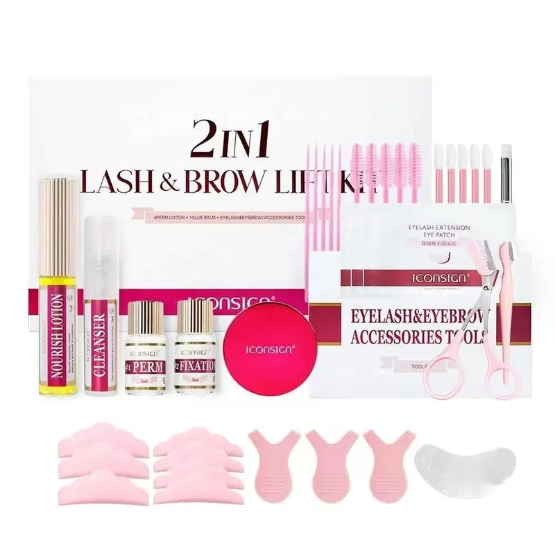 Eyelashes Lift Kit, 1 Box 2 in 1 Lash & Brow Lift Kit, Lash Lift Kit, Eyelash Perm Kit for Beginner , Makeup Products Eyelash & Eyebrow Accessories Tool Set, Including Perm Lotion, Glue Balm, Eyelash Curler, Brow Lamination