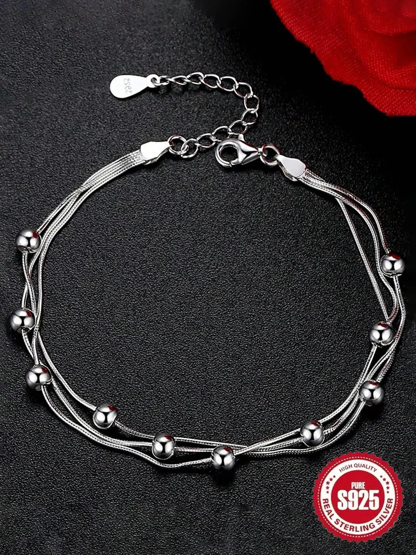 S925 Sterling Silver Multi-layer Chain Round Bead Bracelet, Fashionable Jewelry for Women & Girls, Trendy All-match & Exquisite Jewelry for Birthday Gift