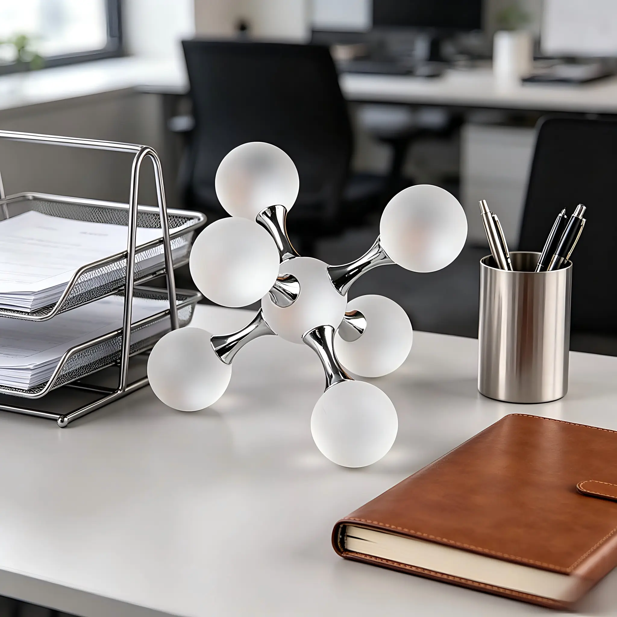 Minimalist Modern Molecular Sculpture Decor - 16cm Luxury Gold Metal Ornaments, Glossy Abstract Frosted Glass & Gold-Silver Figurine, Decorative Gift for Entryway Room Shelf Home Decorbedroom decor home essentialsHome Essentialsbedroom decor
