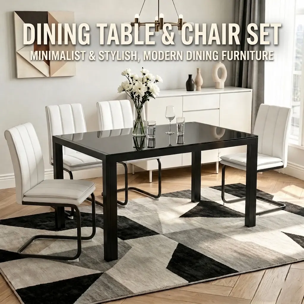 【2 Packages】5-Piece Dining Table Set w/ Tempered Glass & PU Leather Chairs, Space-Saving for Small Apartment, Modern Minimalist Black & White   dining furniture