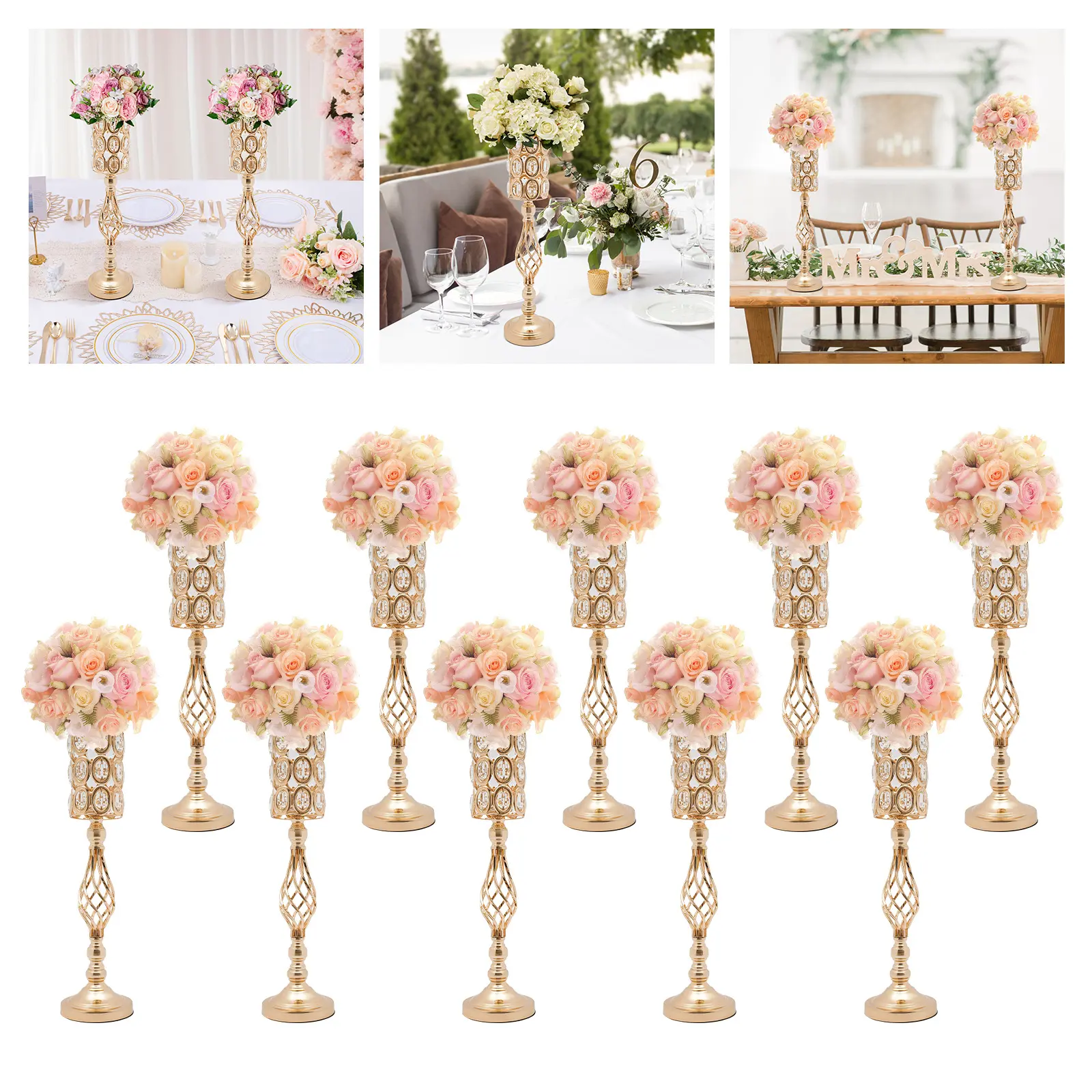 CNCEST 10Pcs Hollow Gold Iron Crystal Vases, Elegant Table Centerpieces for Wedding Floral Arrangements & Home Decor