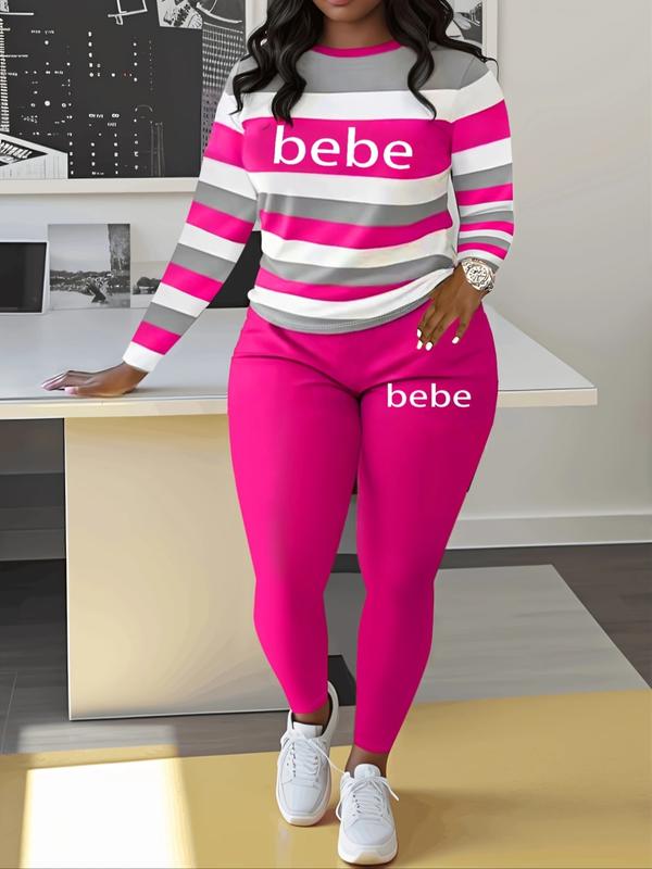 Women's Striped 'Bebe' Letter Print Round Neck Long Sleeve Top and Pants Set, Comfortable Casual Two-Piece Striped Lounge Set, Casual Fashion Set for Autumn and Winter