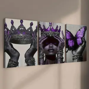 3-count wooden frame canvas, Canvas Wall Art, purple-toned queen's crown and butterfly poster, dark style mysterious aesthetic decoration, modern family poster, living room decoration art, suitable for home, office decoration, waterproof