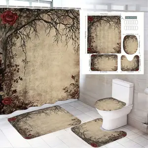 4pcs Vintage Rustic Shower Curtain Set, Roses & Dark Branches, Antique Design, Bath Mats & Toilet Seat Cover, The floor mat fabric is thicker and softer! Cozy Bathroom Decor