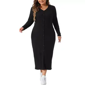 Agnes Orinda Women's Plus Size V Neck Long Sleeve Button Down Ribbed Knit Bodycon Midi Sweater Dresses Black 2X