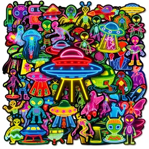 56 New Neon Alien Doodle Stickers, Suitable for Scrapbooks, Diaries, Laptops, Water Bottles, Cars, and Other Faith-based Designs—gifts with Positive Messages, Decals Sticker