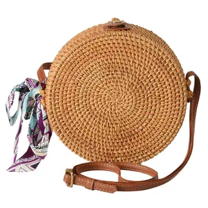 WOWLADY Round Rattan Bags Woman Handwoven Straw Purse Bag Crossbody Shoulder Bag Leather Straps Natural Chic