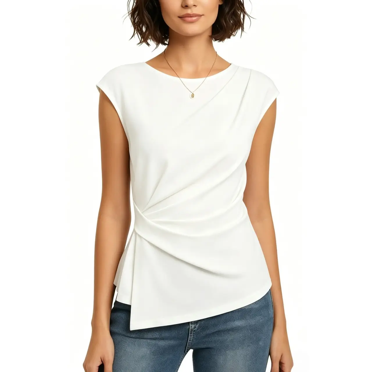 Hixiaohe Women's 2026 Spring Breathable Short Sleeve Crew Neck Peplum Blouse - Trending Draped Work Top with Knot, Twist Detail, Cap Sleeve Option, Blazer-Friendly Tunic, Corporate Office Wear, Wardrobe Staple, Trouser-Matching Basic