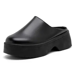Women's Platform Mule Slippers, Ultra-Light PU Leather Slip-On Clogs, Non-Slip Thick Sole Casual Shoes for Indoor Outdoor, Comfortable Black Closed Toe Slides for Home Garden Daily Wear, Stylish Chunky Heel Footwear