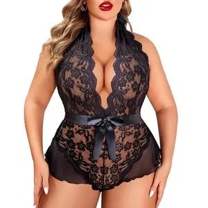 Avidlove Plus Size Lingerie for Women Deep V Neck Teddy Lingerie Halter Lace Bodysuit Nightgown