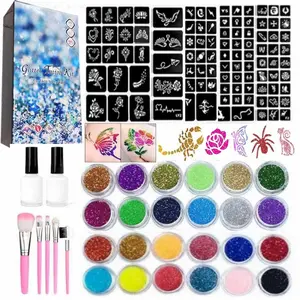 Temporary Tattoos Kit for Kids, 24 Body Glitter, 2 Glue, 5 Brushes, 187 Stencils, Kids or Adults Halloween Makeup Kit, Gift for Girls Birthday Party Festival