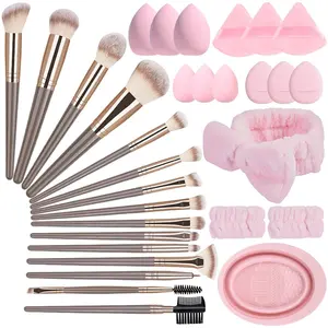 31PCS Professional Makeup Brush Set with 15 Synthetic Brushes, 6 Sponges, 6 Powder Puffs, Spa Headband & Foldable Cleaning Basin Beauty Kit Gift Set