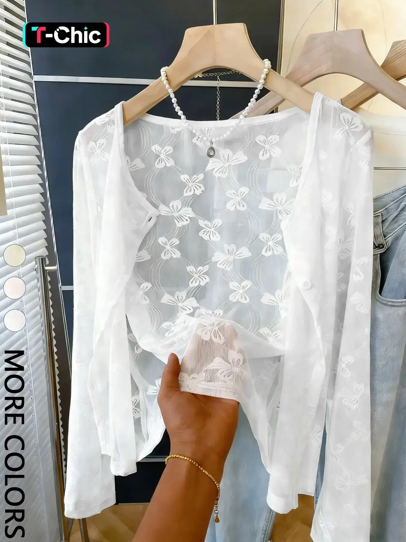 Women's Cropped Lace Knitwear Cardigan, Sheer Long Sleeve Open-Front Cardigan with 3D Floral Embroidery, Breathable Mesh, Fitted Casual Top for Photo Shoots & Weekend Outings