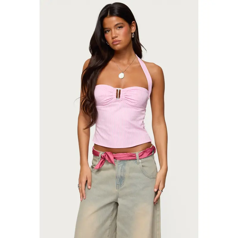 Edikted Women's Criss Cross Bead Ruffled Halter Top - TikTok Shop