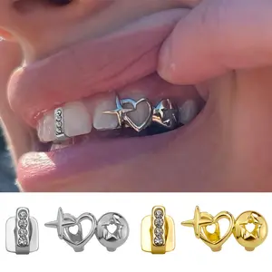 Teeth Grillz for Men and Women, Hip Hop Tribal Dental Grills with Double Hollow Star Design, Synthetic Zirconia and Copper, Unique Mosaic Material, Outdoor Flags Theme, Ideal for Christmas Party Gift, Everyday Wear, Fashionable and Comfortable Denta