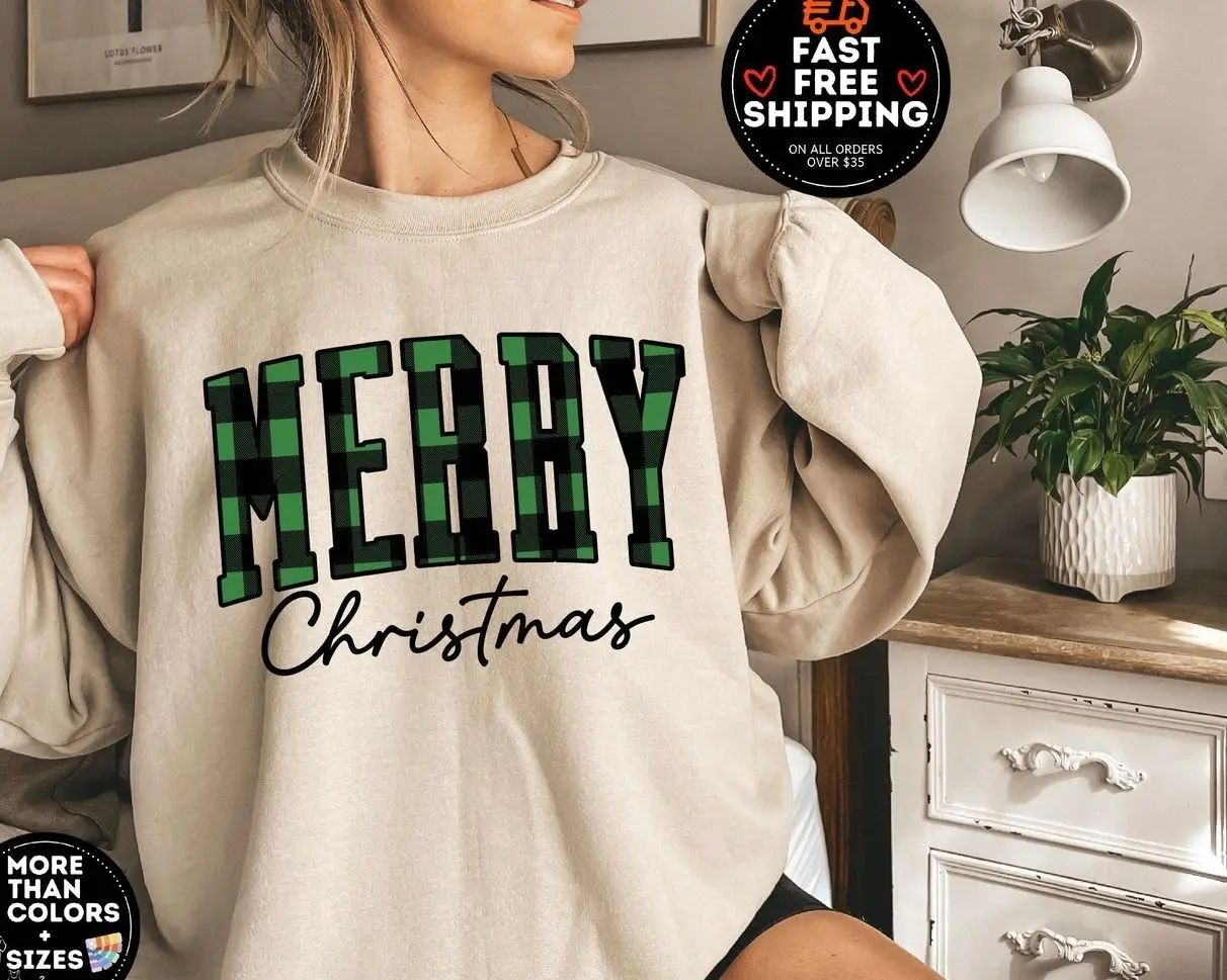 Merry Christmas Sweatshirt, Buffalo Plaid Christmas Sweater, Christmas Family Crewneck, Cute Winter Holiday Pullover, Xmas Gift for Women, Cozy Holiday Season Apparel, Retro Christmas Graphic Sweatshirt, Family Matching Holiday Crewneck Shirt