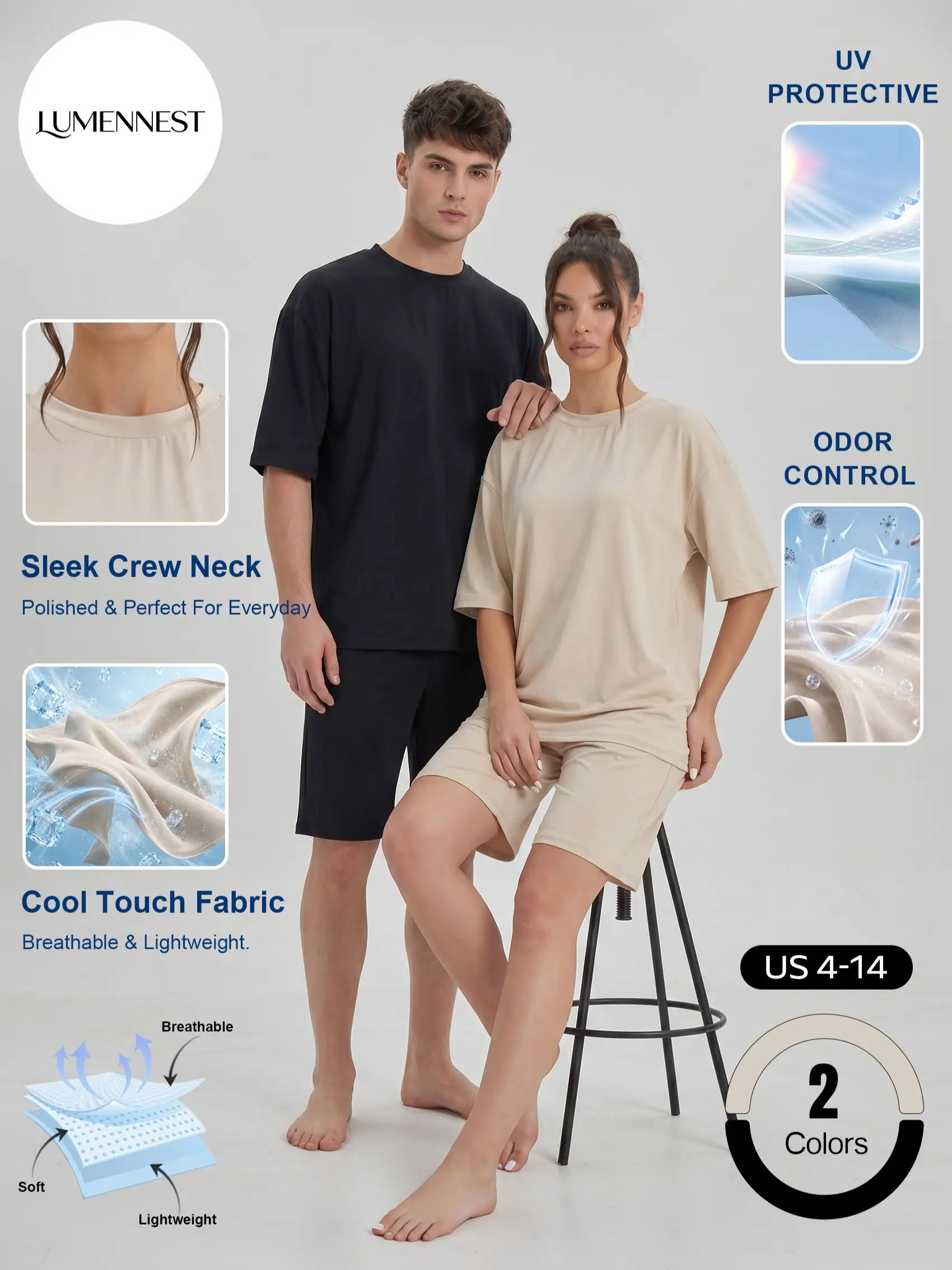 LUMENNEST Unisex Basic Cool Touch Short Sleeve Top & Shorts Loungewear Co-ord, Lightweight Ice Feel Skin-Friendly Loose Sleepwear Two Piece Sets, UV-Protective High Stretch Pajama Set for Spring & Summer #TikTokMadeMeBuyIt #NightwearSet #Pajamas