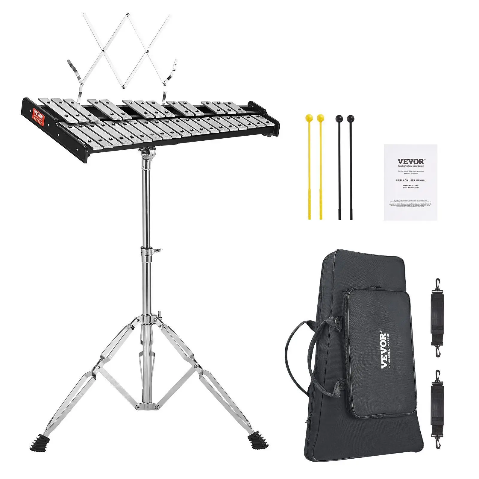 VEVOR 32-Note Glockenspiel Xylophone Bell Kit - Professional Percussion Instrument Set with Mallets, Drum Sticks, Music Stand, Adjustable Stand, 1200D Oxford Fabric Waterproof Breathable Carrying Bag for Students (Ages and Heights Adaptable)