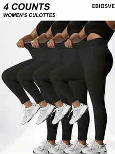 4-Pack Women's Plus Size Full-Length High-Elastic Workout Leggings - Black Athletic Pants for Yoga, Running,Gym, All-Season Machine Washable Comfortable for Curvy Bodies, Plus Size, Opaque Tight Pants, Naked Feeling 4-Way Stretch, Stretchable Fabric Soft