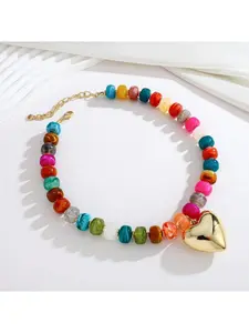 Chunky Beads Necklace For Women Gold Puffy Heart Choker Necklace Colorful Resin Beaded Heart Pendant Necklaces Statement Jewelry