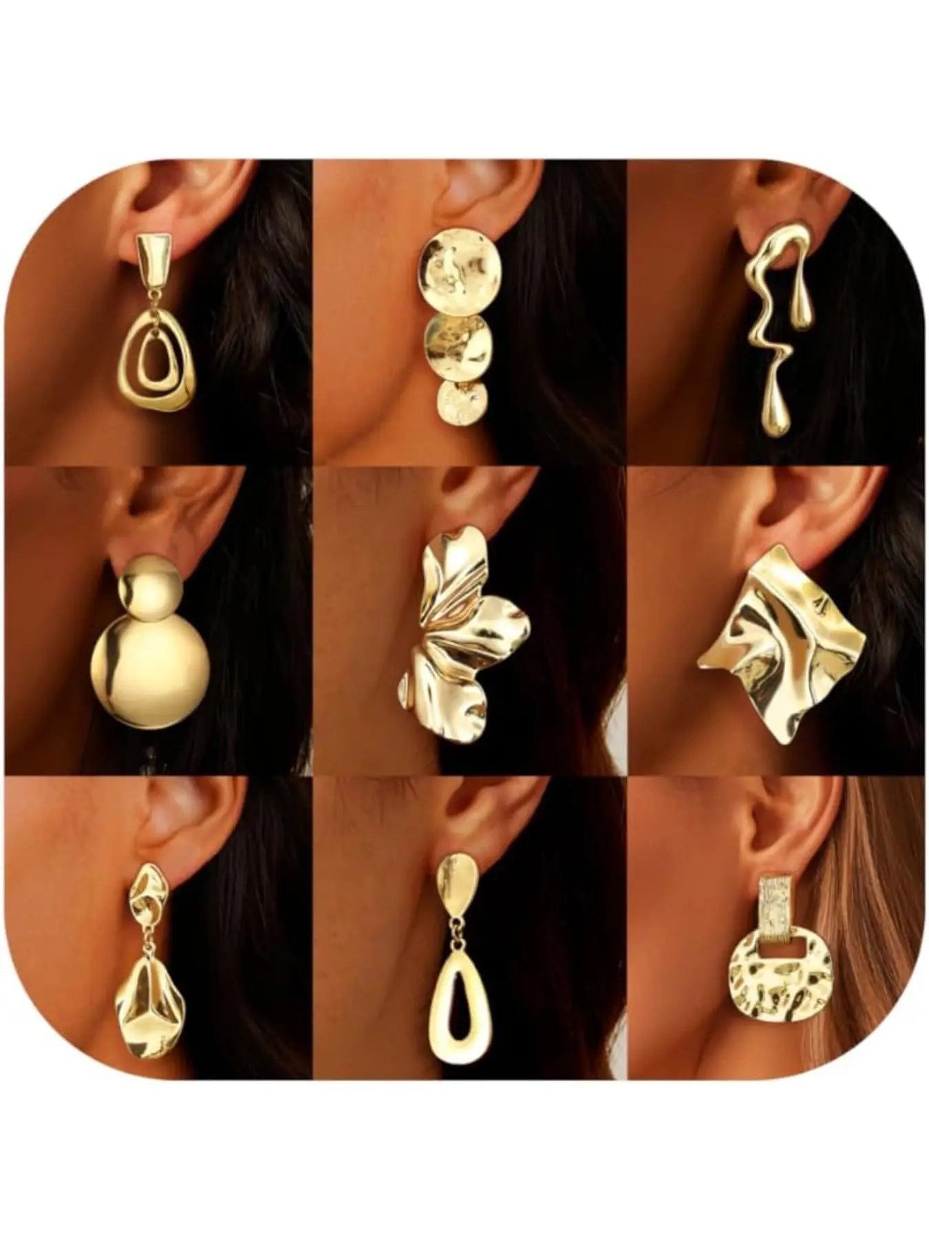 9 Pairs Gold Statement Clip on Earrings for Womens Non Pierced No Piercing Gold Plated Chunky Leaf Fake Lightweight Clip Earring Dangle for Women