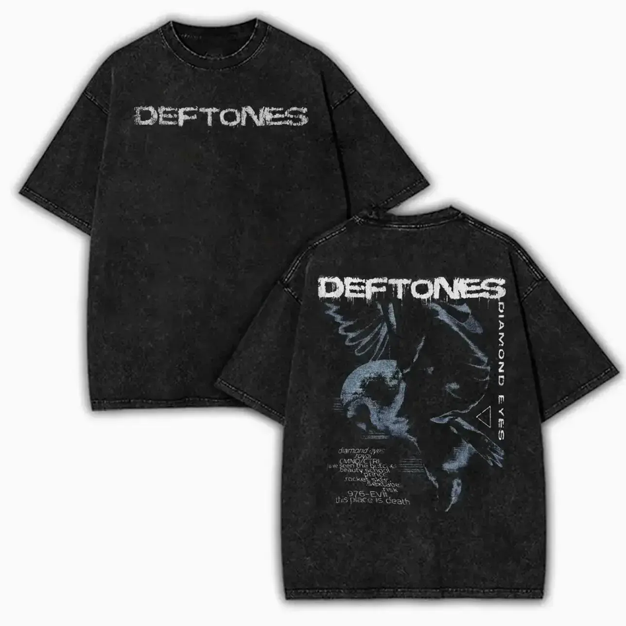 Men's Short-Sleeve Crewneck Deftones Diamond Eyes Vintage Washed Cotton T-Shirt, Rock Band Graphic Oversized Acid Wash Streetwear Top, Front-Back Print Alternative Metal Concert Tee, Grunge Fan Gift Tropical Unisex CNB Menswear Top Tropical