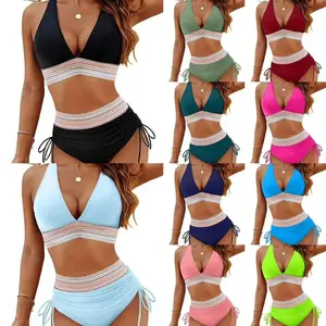 Women's High Waist Bikini Two-Piece Set V-Neck Tie Bikini Push-Up Full Coverage Swimsuit in Polyester Available in Various Colors