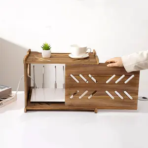Solid wood projector router shelf stand storage box organizer for modems, cables, and power strips — cable management rack, requires assembly, rustic brown