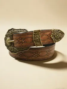 Ancient Copper Floral Buckle Belt, Vintage Western Embossed Waist Cincher, Party Style Plaid Design, All Seasons Wear