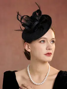 Elegant Round Hat Wide Brim Tea Party Valentine's Day Formal Event Hat with Feather Decoration, Decorative Headpiece, Multiple Colors Available