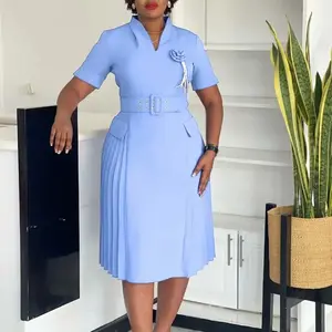 Summer Autumn Clothes Elegant African Party Basic Evening Dresses for Women Short Sleeve V-neck Polyester Pleat Midi Dashiki Africa Clothing Formal Light Check Gamis Chic Shortsleeve