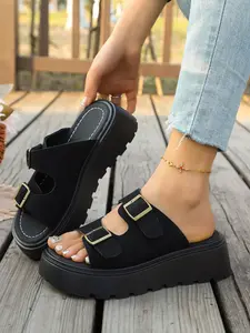 Women's Fashion Square Buckle Wedge Sandals, Retro Dual Strap Slippers, Candy Color, Summer Comfortable Wedge Shoes, Beach & Daily Wear