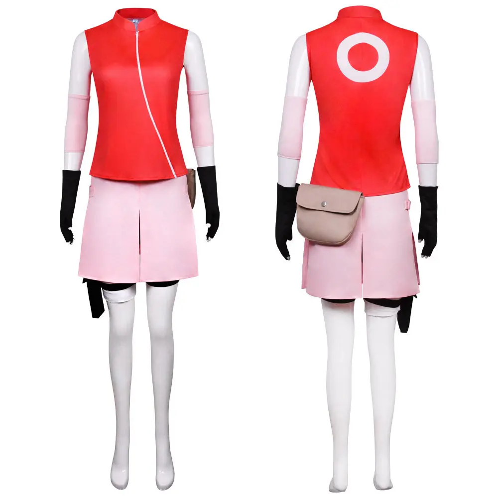 Sakura Haruno Cosplay Costume Red Top Pink Skirt Battle Set with Bag for Comic Con Convention