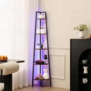 5-Layer Vintage Wooden Wall Organiser, Standing Corner Shelf with LED Lights, Adjustable Steel Frame, Above 25 kg Capacity Tall Storage Rack, Multi-Purpose Display Decor with Round Wood Fitting Kit for Living Room, Bedroom Plants