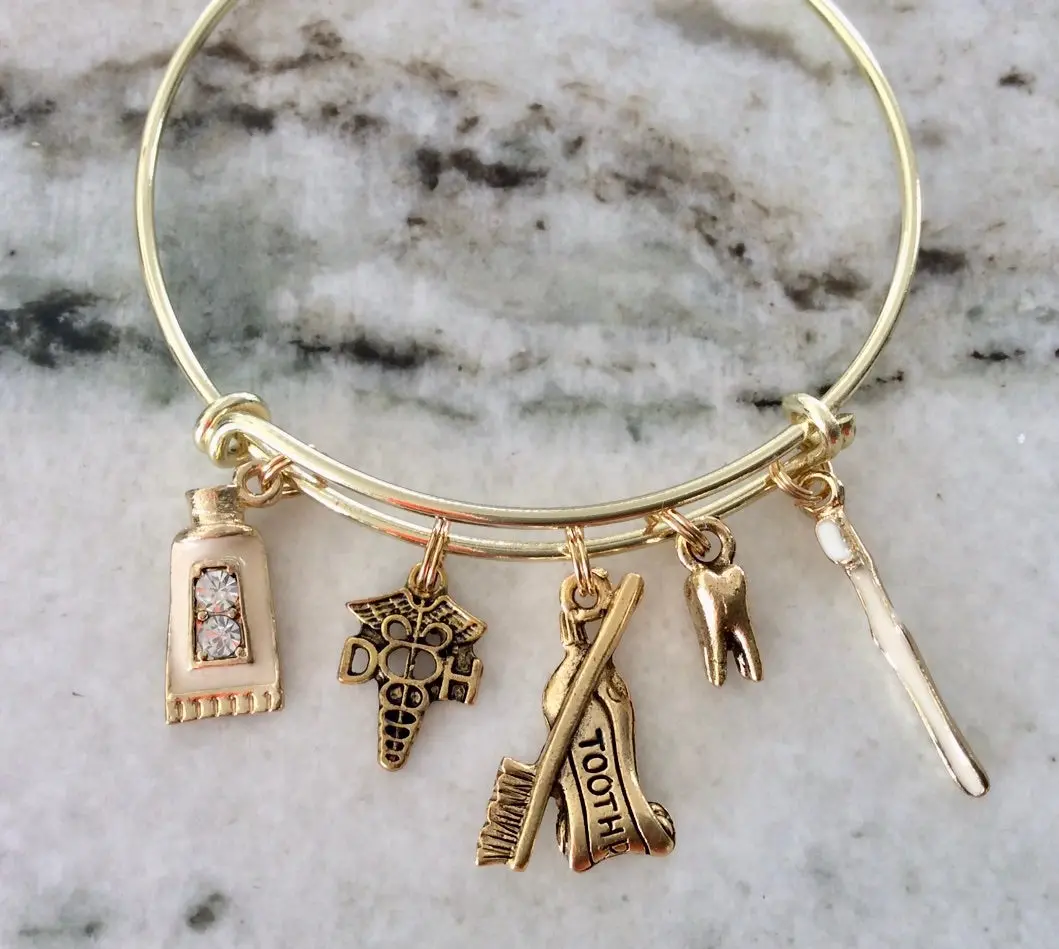 Dental Hygienist Gift Bracelet | Gold Tooth, DH Caduceus & Toothbrush Charm Bangle | Dentist Gift