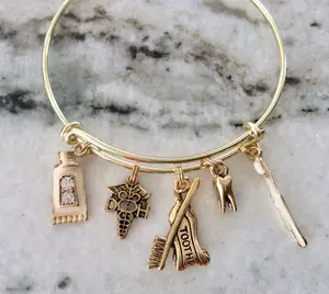 Dental Hygienist Gift Bracelet | Gold Tooth, DH Caduceus & Toothbrush Charm Bangle | Dentist Gift