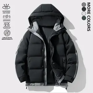 Men's Fall/Winter Heavyweight Hooded Puffer Jacket, Trendy Color Block Striped Design with Zipper Pockets, Thick Windproof Warm Full-Sleeve for Daily & Outdoor Wear