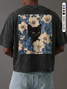 Men's Cotton Round Neck Pullover T-Shirt, Y2K Style Cat Floral Pattern, Fashion Streetwear Casual Vintage