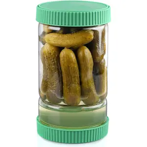 Glass Pickle Jar with Strainer Flip, 40oz Hourglass Airtight Container, Easy Open Refrigerator Storage Pickles Juice Separator for Olive Jalapeno Gherkin, Green