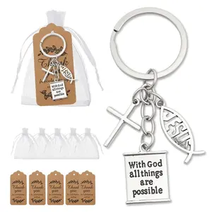 5 Sets Jesus Cross Keychain Book Holy Bible Pendants Keyrings with Thank You Tags Bags for Baptism, Church, Communion Christians Easter Prayer Gifts