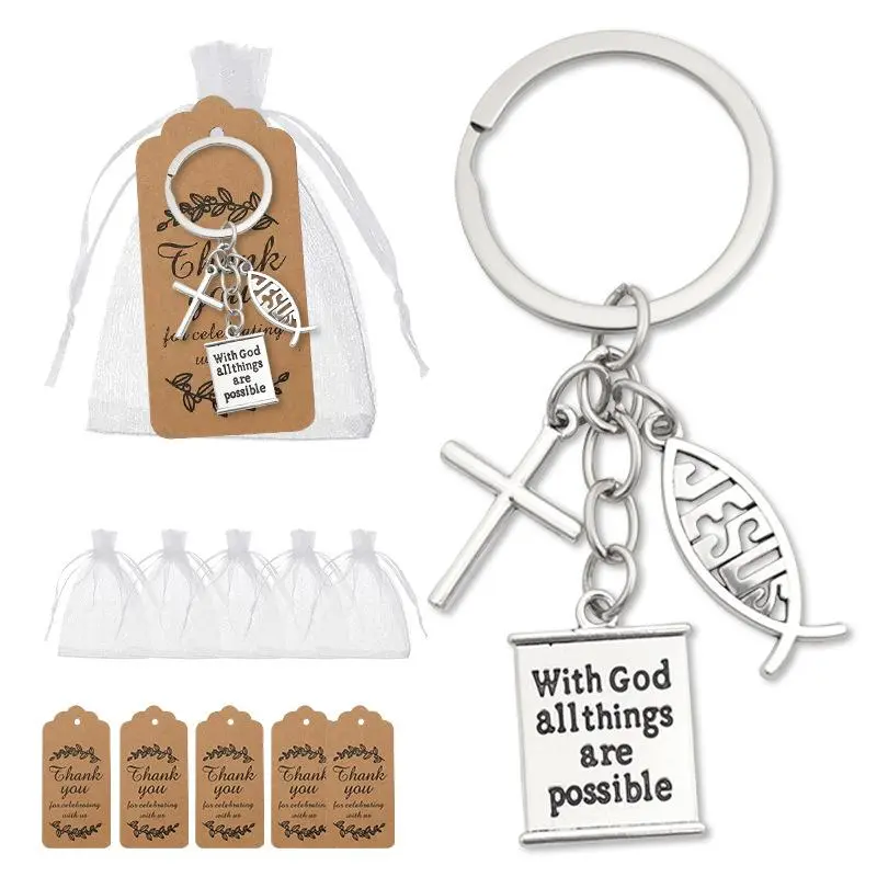 5-Set Christian Faith Keychains - Jesus Cross Holy Bible Pendant Keyrings with Thank You Tags, Organza Bags, Keychain Included, Religious Baptism Party Favor Accessories