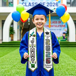 Pixel Block Graduation Stole Personalized Name Class of 2026, Gamer Style Sash for Kids, Unique Student Gift for School Ceremony Outfit
