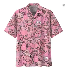 Hawaiian Style 3D Printing Pink Piglet Summer Casual Loose Short Sleeve Shirt Street Men