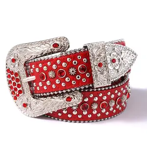 Punk Men Women Rhinesne Belt, Western Studded PU Leather Belt, Vintage Shine Crystal Bling Cowgirl Cowboy Waist Y2K Belt For Jeans Pants, Red