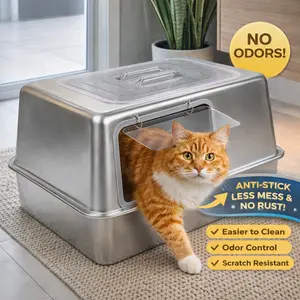 2026 New Upgrade Premium Enclosed Stainless Steel Litter Box with Metal Lid Side Entry Mess-Proof Non-Stick Surface For Big Cats