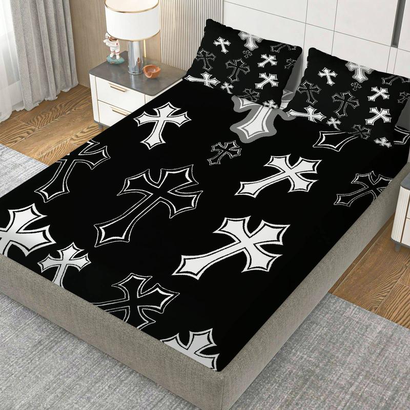 3Pcs Gothic Cross Black Fitted Sheet Three Piece Set (1*Fitted Sheet+2*Pillowcases, Coreless), Halloween theme, Cross Pattern Bedding Set, Mattress Protector Soft, Breathable