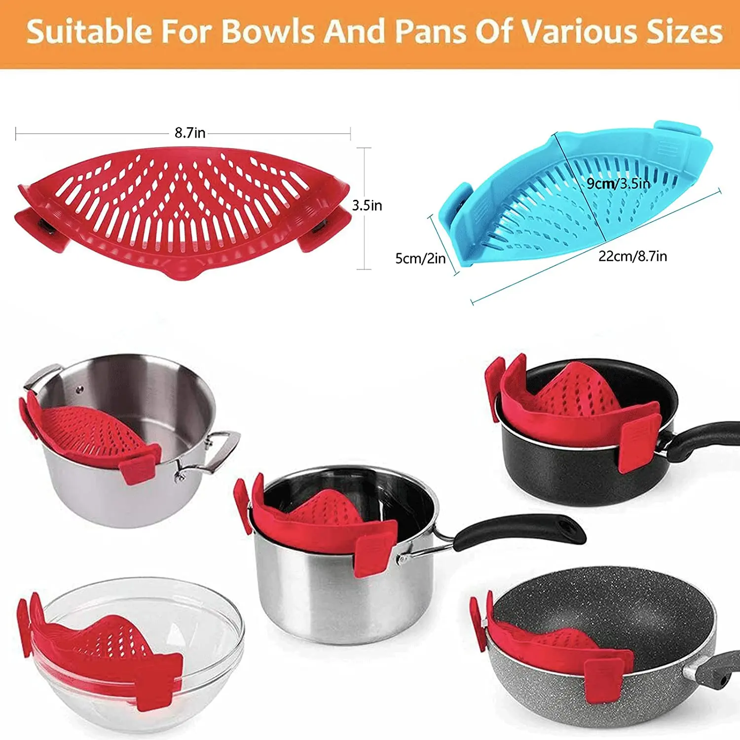 Kitchen Traditional 2 Pack Silicone Clip-On Strainers for Pots & Bowls - Ideal for Pasta, Meat, Vegetables & Fruit - Versatile Fit for All Sizes - Effortless Cooking & Draining Utensils Colander Filter Sturdy